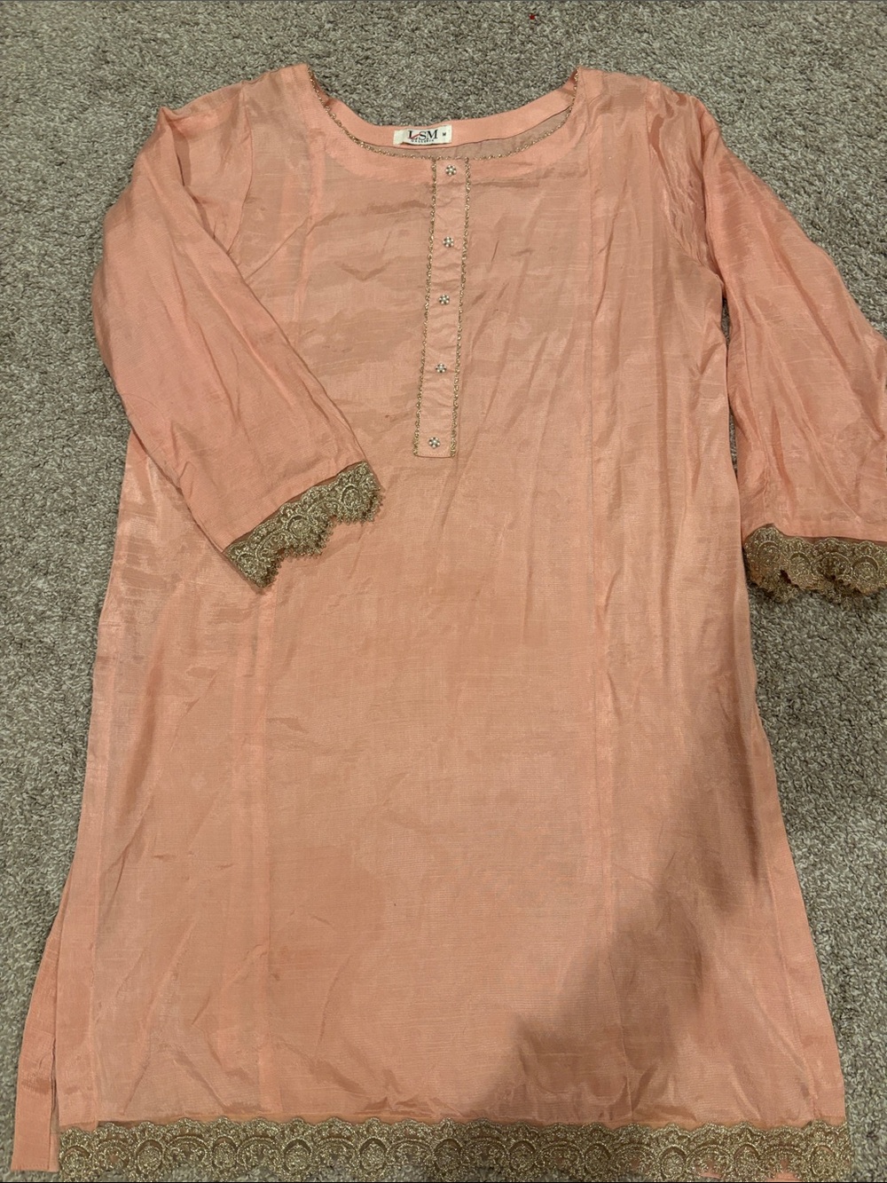 Peach Embellished Girls' Dress with Gold Trim